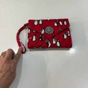 Vera Bradley Red Quilted Wristlet with Penguin Pattern EUC